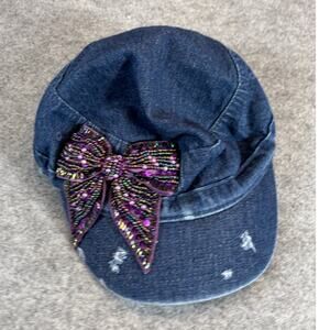 Mega Cap Hat Womens One Size Blue Denim Beaded Bow Embellished Distressed Y2K